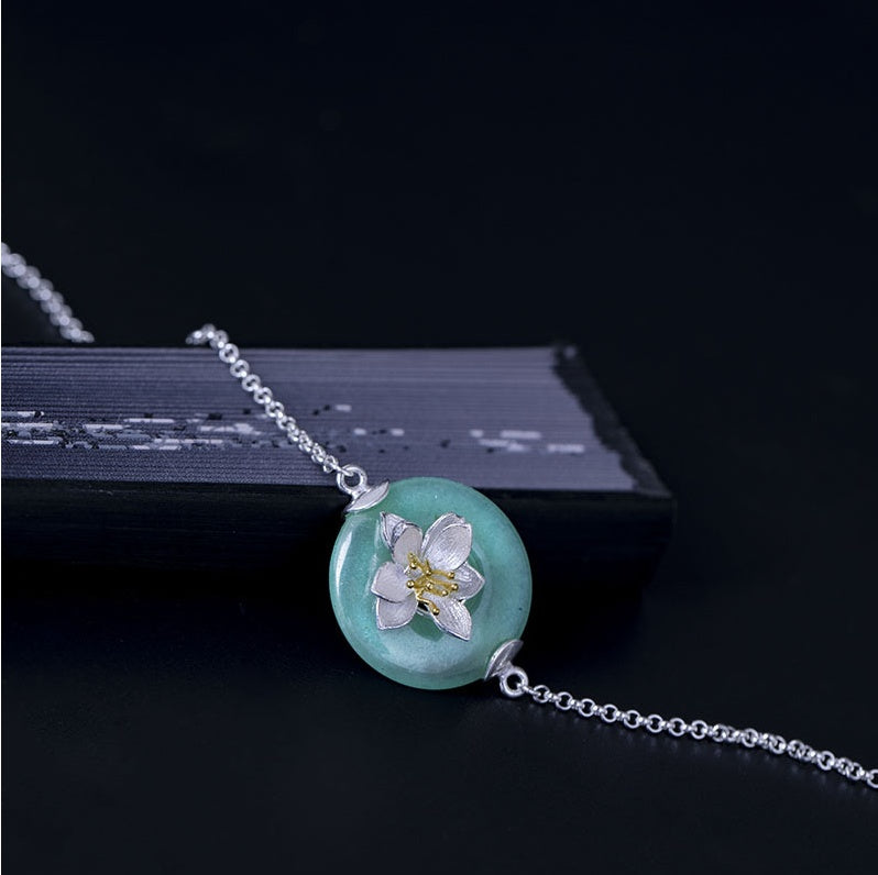 PGP Holiday | 925 Sterling Silver Art Deco Art Lotus on Dongling Light Teal Jade or Pink Lavender Crystal | Silver Bracelet