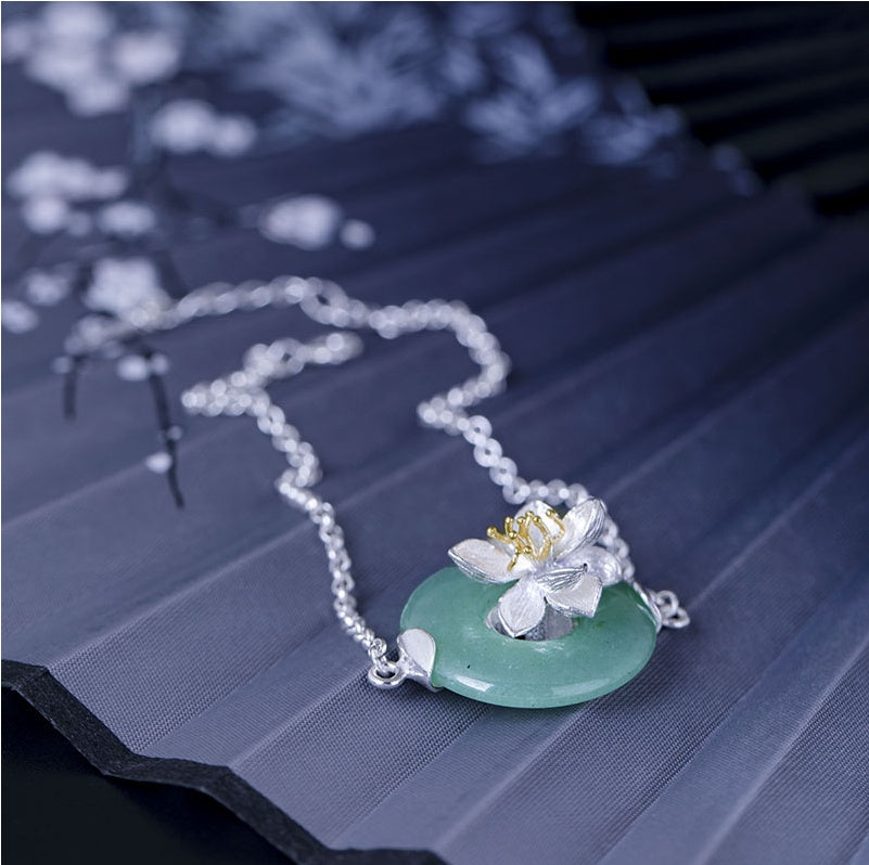 PGP Holiday | 925 Sterling Silver Art Deco Art Lotus on Dongling Light Teal Jade or Pink Lavender Crystal | Silver Bracelet