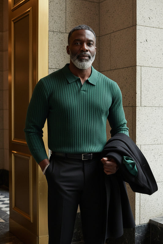 PGP Holiday Whisper of Éire — Men’s Ribbed Knit Polo Sweater, Long Sleeve