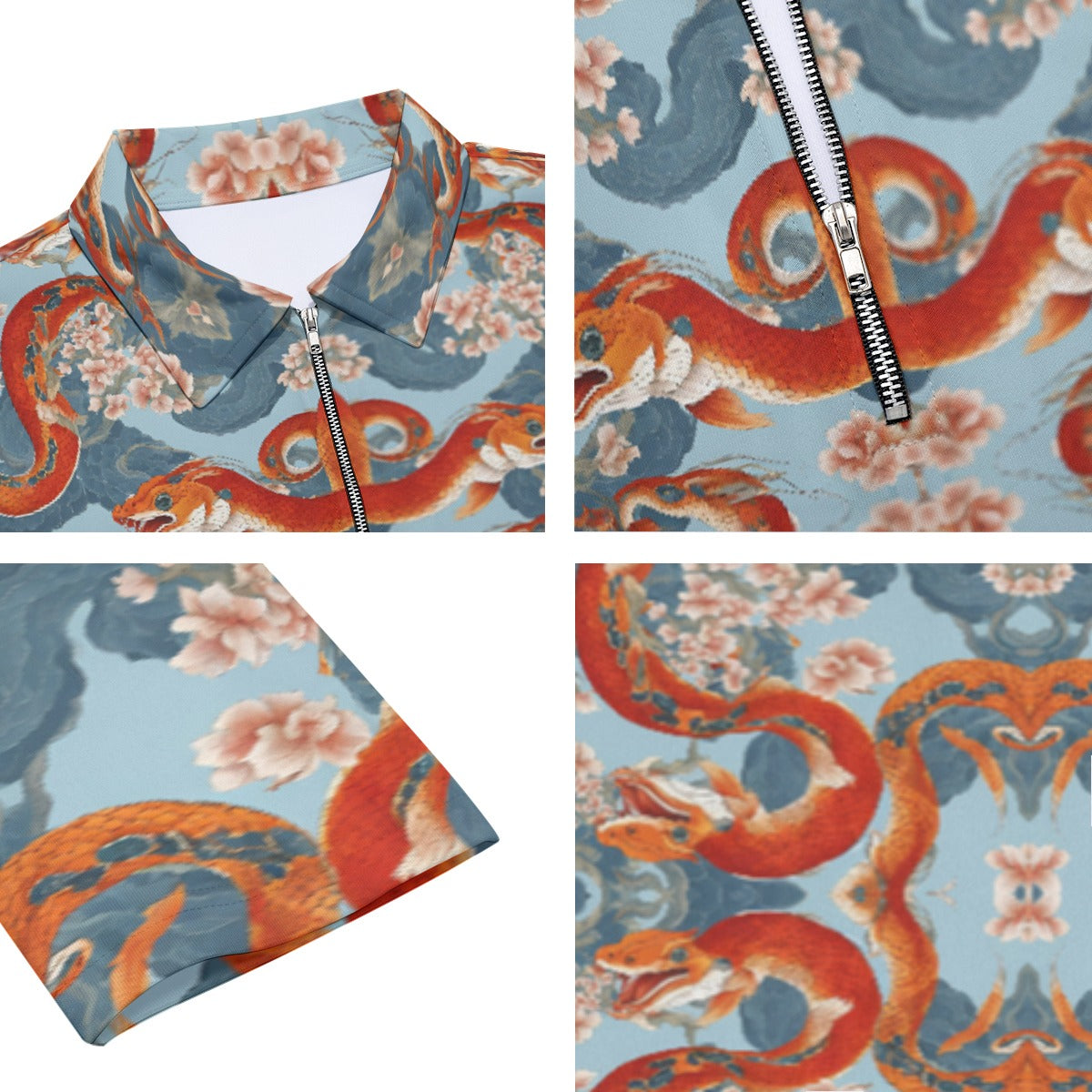 PGP Holiday Men's Lapel T-shirt with Neckline Zipper Closure | Blossom Serpent Orange & Blue | Prosp