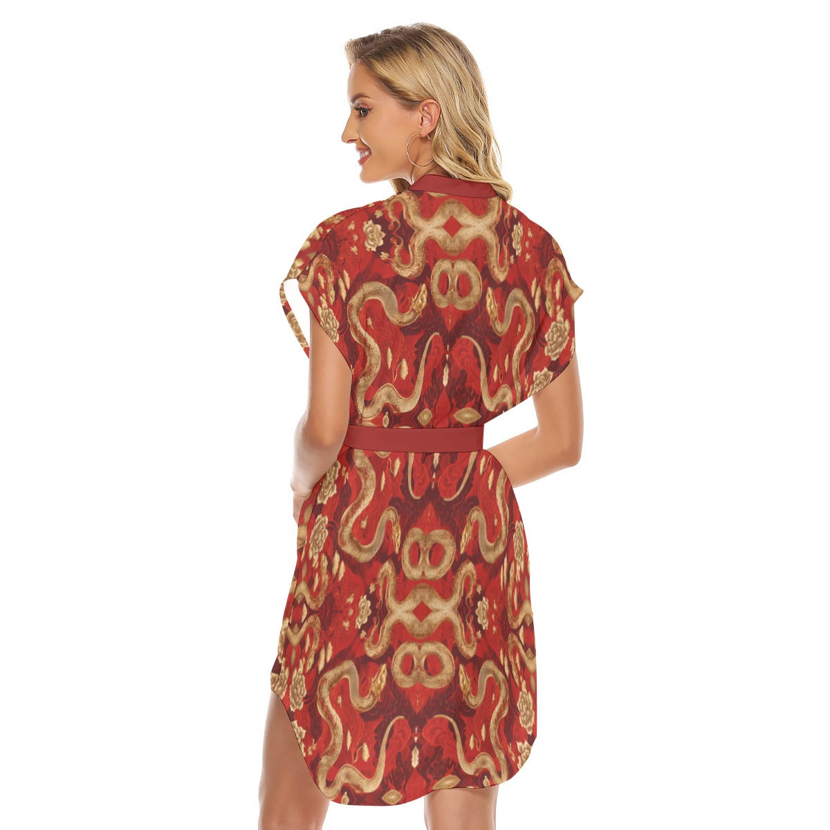 PGP Holiday Golden Serpent Stand-up Collar Casual Dress with Belt | Lunar New Year Chic