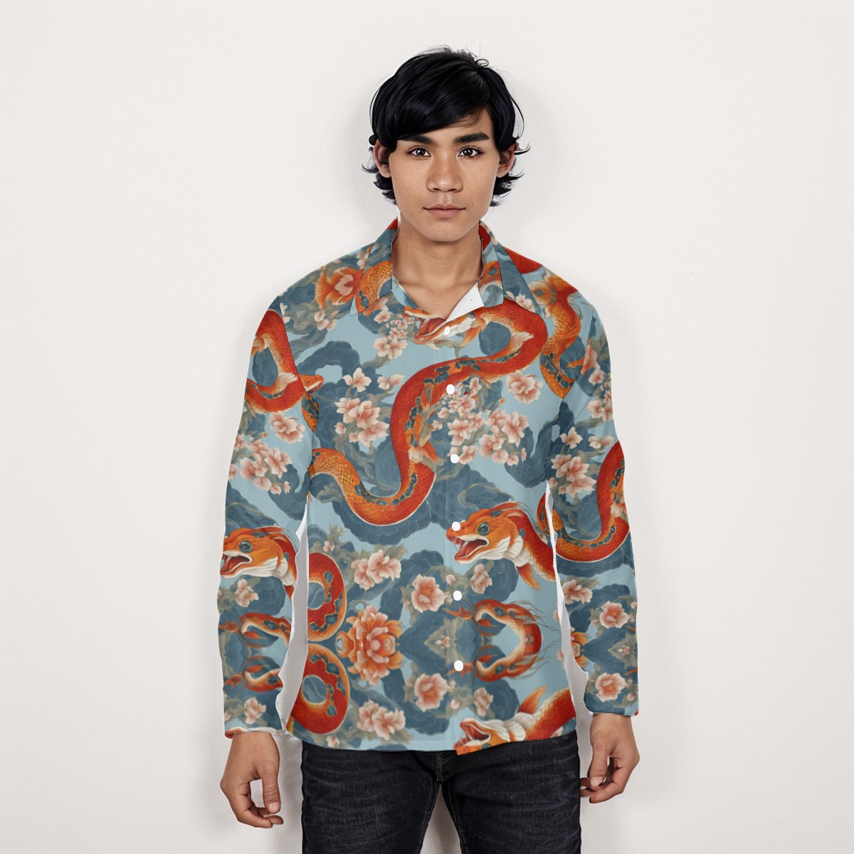 PGP Holiday Men's Long Sleeve Shirt | Blossom Serpent Orange & Blue | Prosperity & Growth