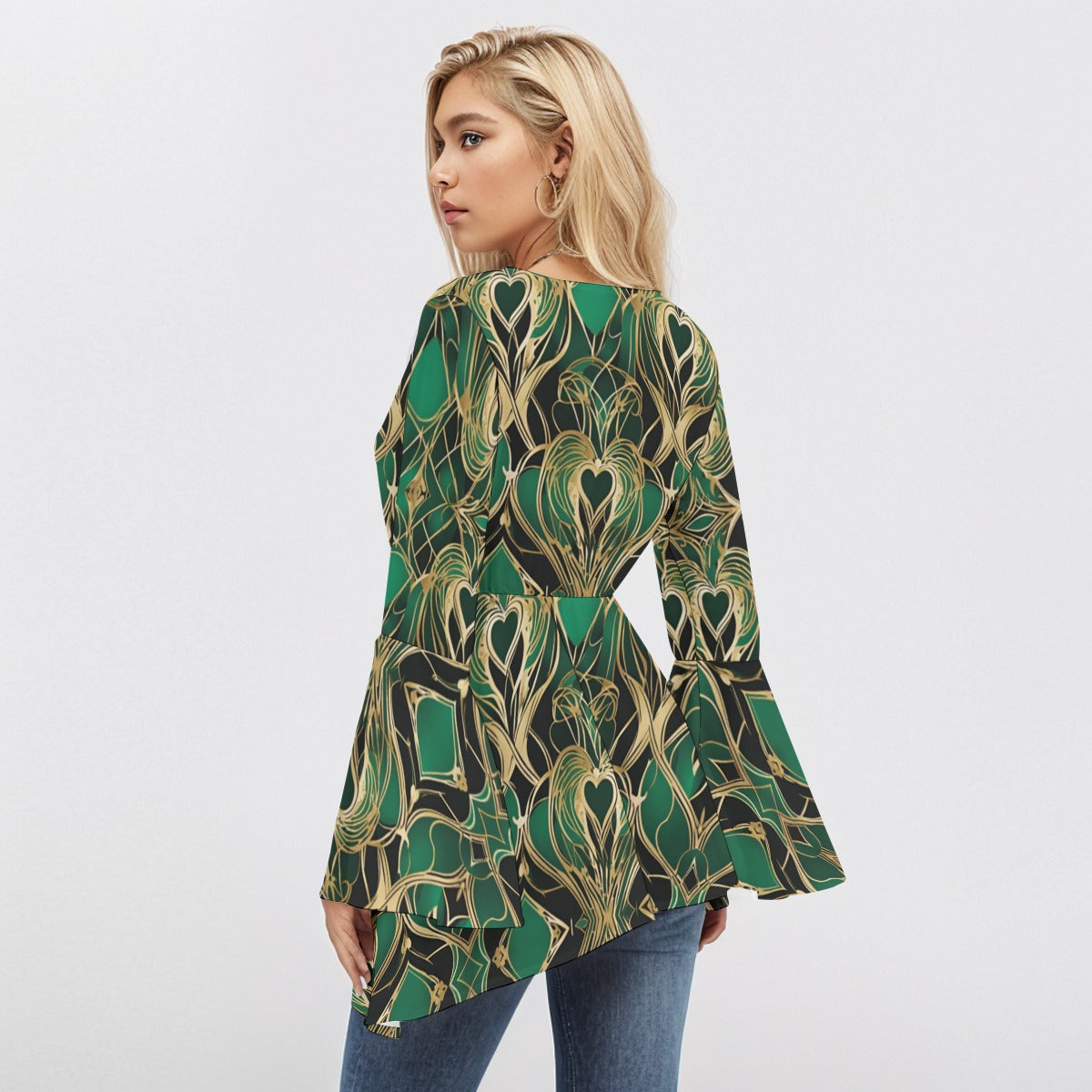 PGP Holiday Eros Époque V-neck Flared Sleeve Blouse – Emerald & Gold Art Deco | Elegant & Chic