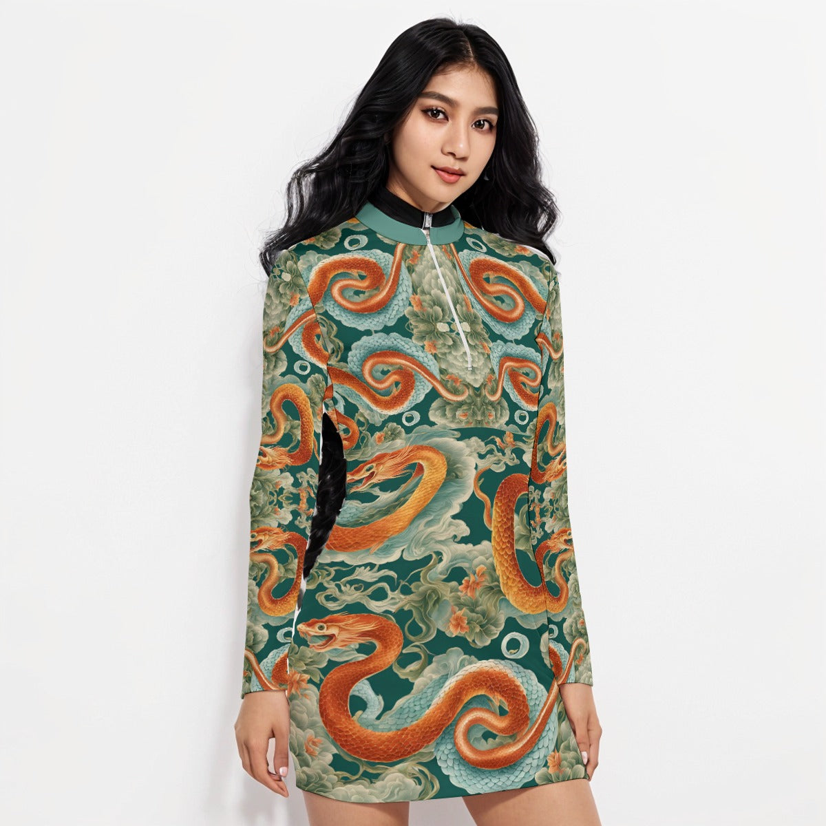 PGP Holiday Women's Zip Front Contour Dress | Jade Fortune Green & Aqua | Health, Wealth & Abundance