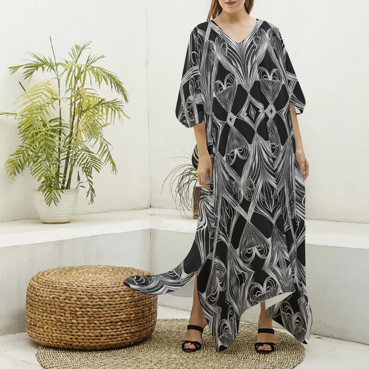 PGP Holiday Eros Époque Silky V-neck Kaftan Robe – Silver & Black Art Deco | Chic Valentine's Look