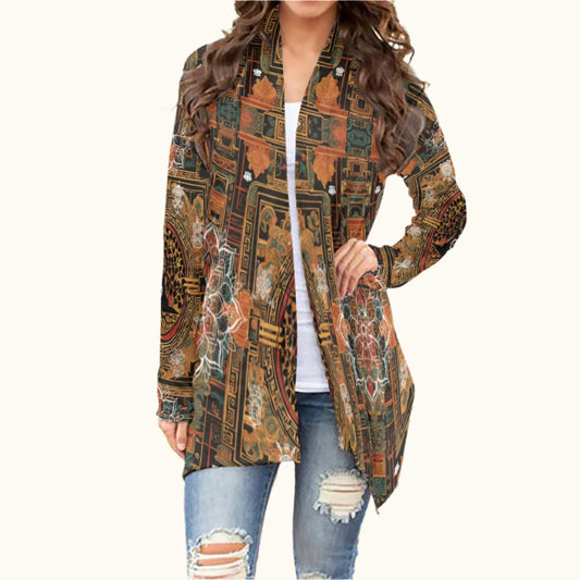 PGP Holiday Tibetan Losar-Inspired Shawl Collar Cardigan – Soft Mid-Length Jersey Knit