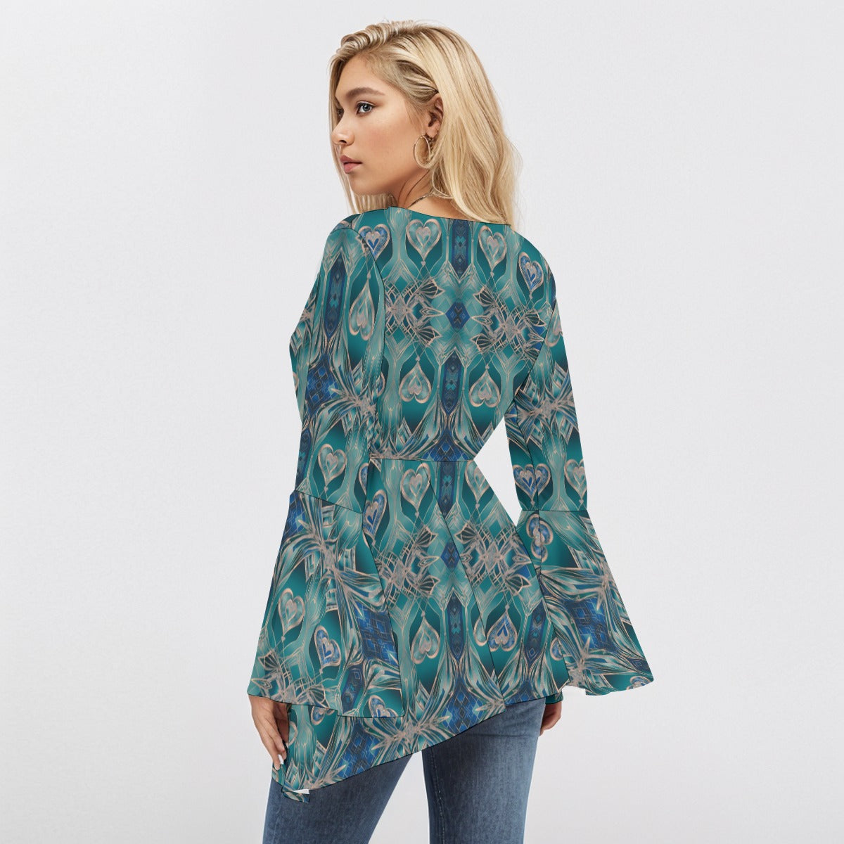 PGP Holiday Eros Époque V-neck Flared Sleeve Blouse – Aqua Teal & Gold Art Deco| Effortless Elegance