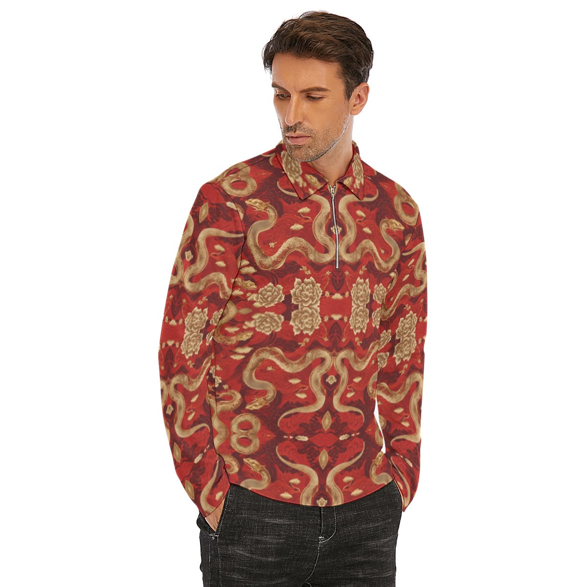 PGP Holiday Golden Serpent Lapel Shirt with Zipper Closure | Lunar New Year Elegance