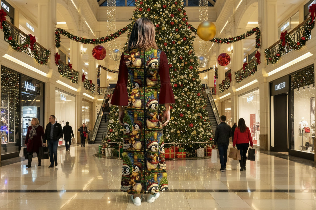 PGP Holiday Penguins Raid the Workshop V-Neck Long Sleeve Maxi Dress — Voted #1