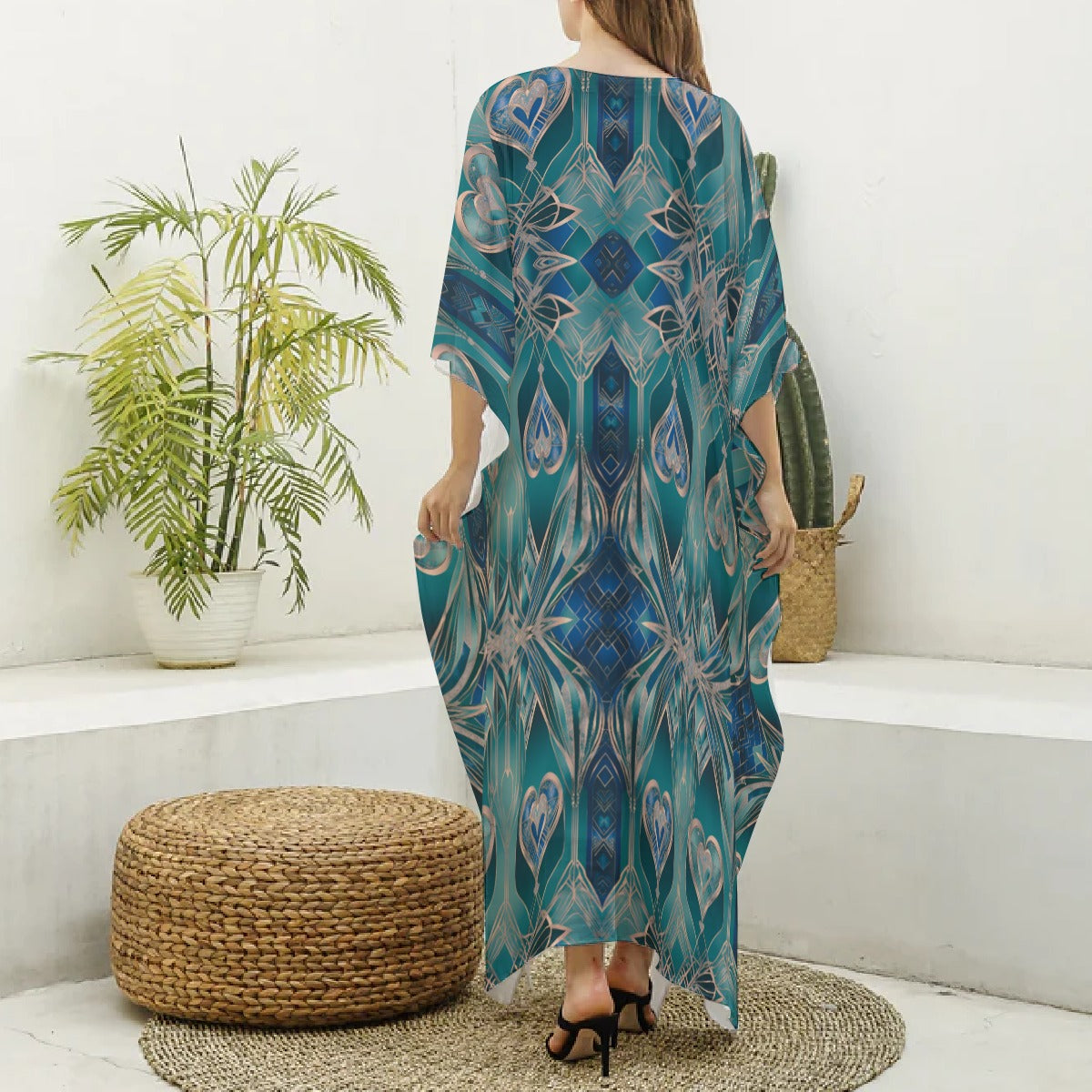 PGP Holiday Eros Époque Silky V-neck Kaftan – Aqua Teal & Gold Art Deco Cruise & Resort Wear