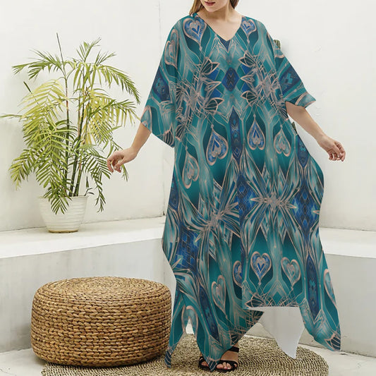 PGP Holiday Eros Époque Silky V-neck Kaftan – Aqua Teal & Gold Art Deco Cruise & Resort Wear
