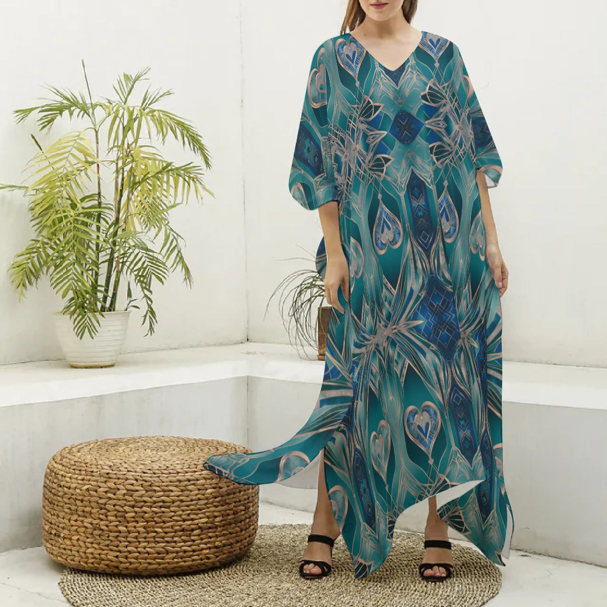 PGP Holiday Eros Époque Silky V-neck Kaftan – Aqua Teal & Gold Art Deco Cruise & Resort Wear