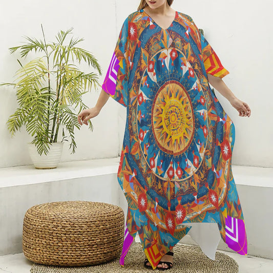 Makar Sankranti Celebration Imitation Silk V-neck Kaftan - Kite & Sun Mandala