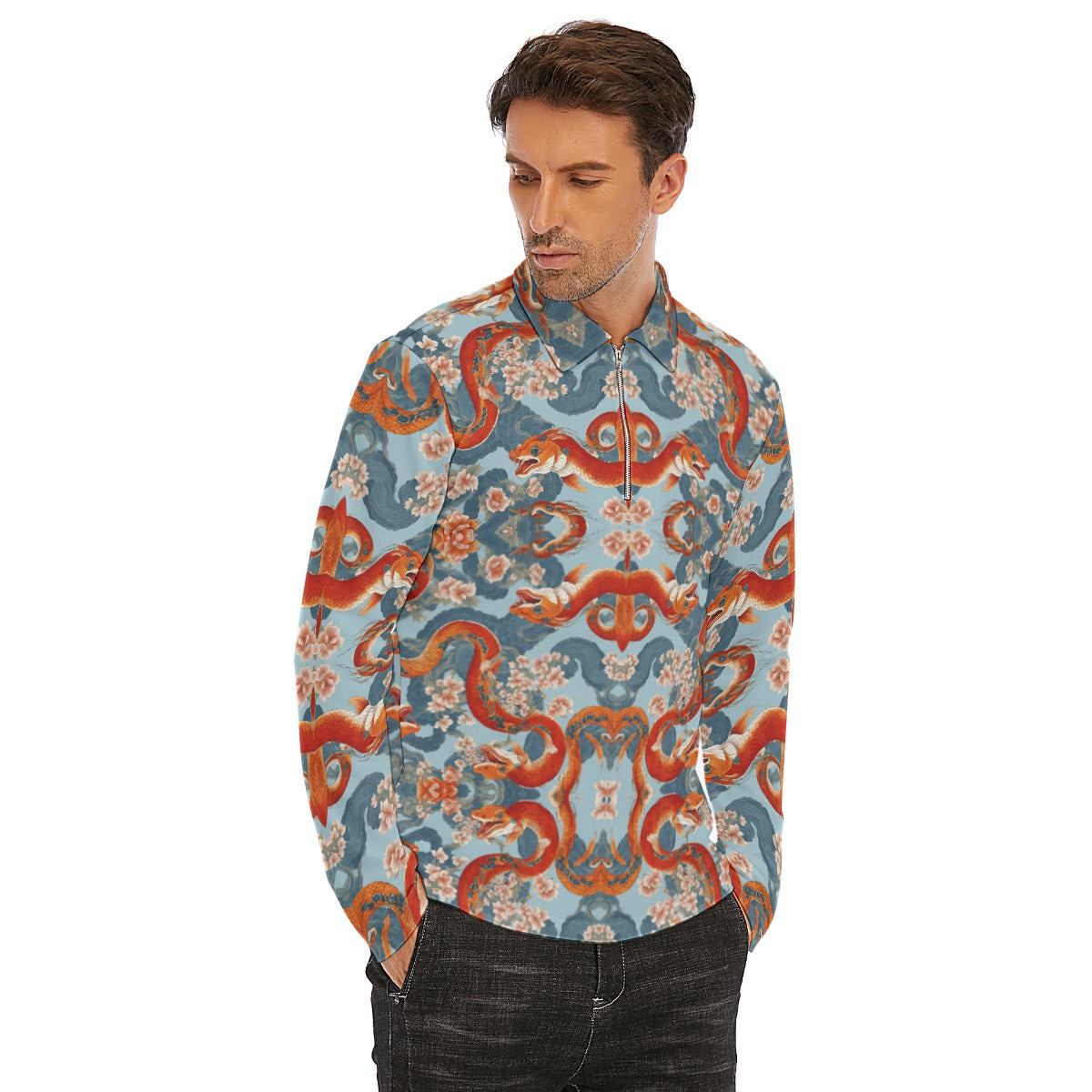 PGP Holiday Men's Lapel T-shirt with Neckline Zipper Closure | Blossom Serpent Orange & Blue | Prosp