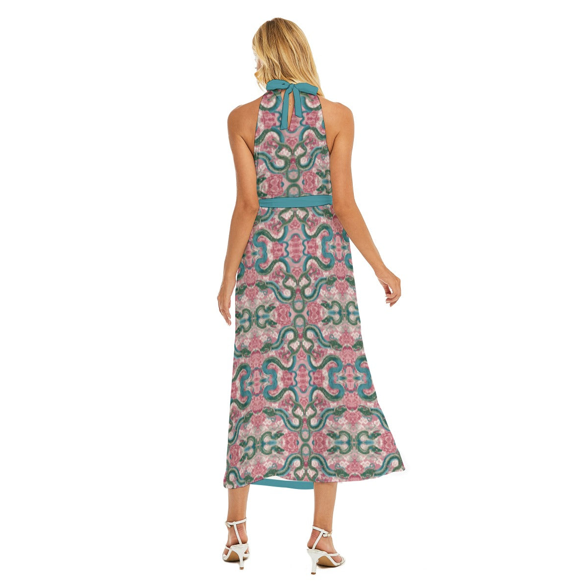 PGP Holiday Wrap Hem Halter Dress | Lunar Garden Blush, Sky & Moon | Renewal, Simplicity & Balance
