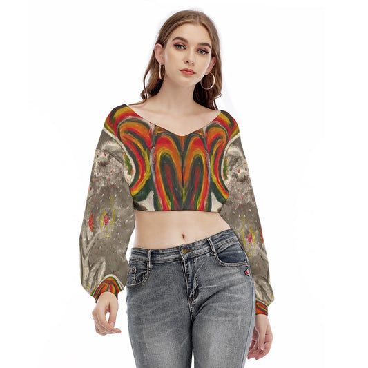 Under Grandmothers Moon V-Neck Peasant Sleeve Cropped Sweatshirt | Boho Cozy Style