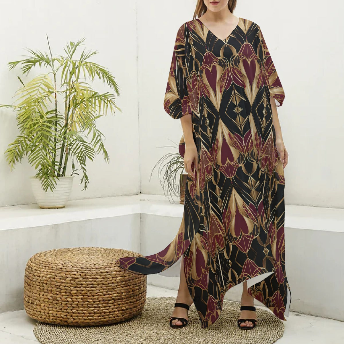 PGP Holiday Eros Époque Silky V-neck Kaftan – Crimson & Gold Art Deco | Valentine's Day Glam