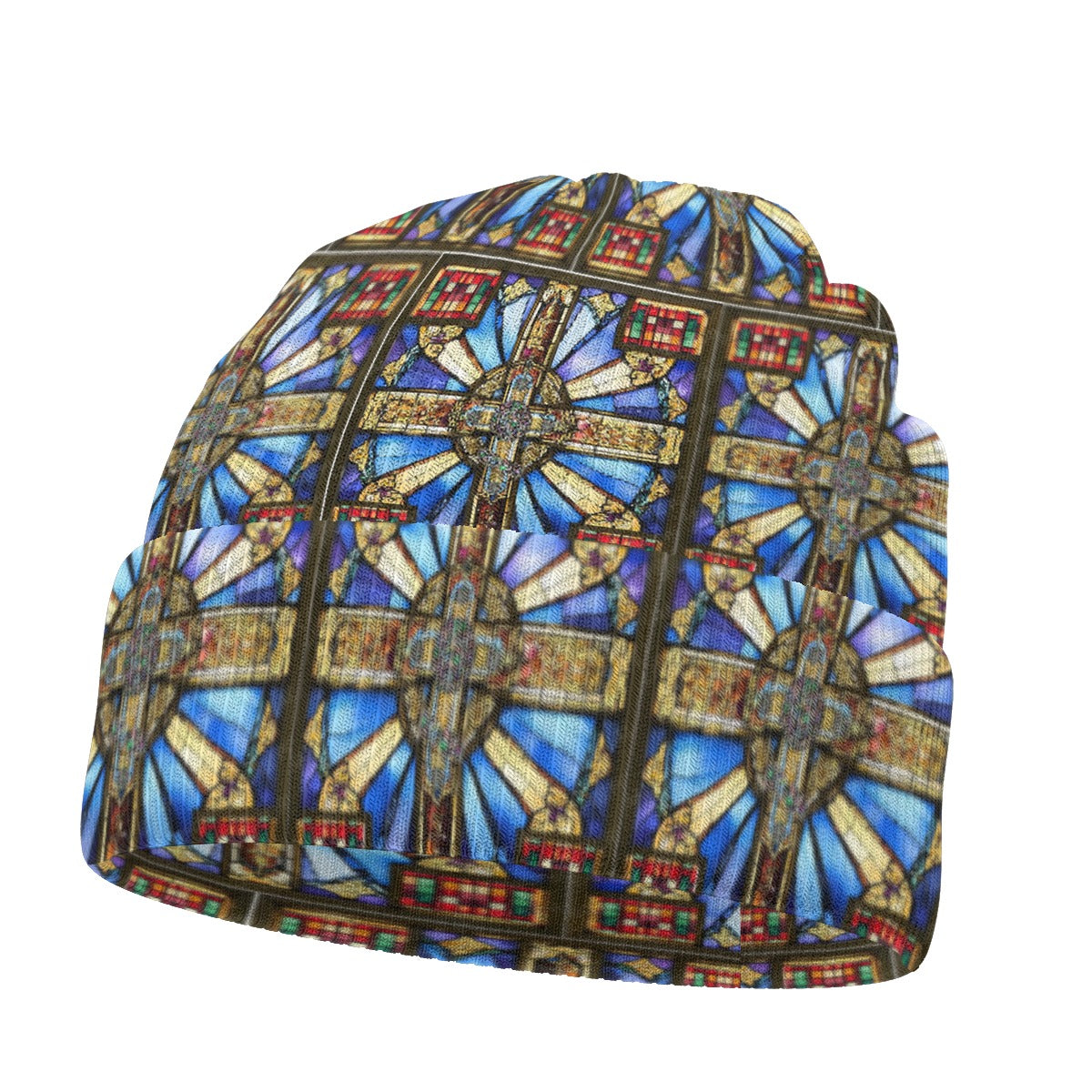 Orthodox Three-Wood Cross Unisex Knitted Hat – Stained Glass Inspired Winter Beanie