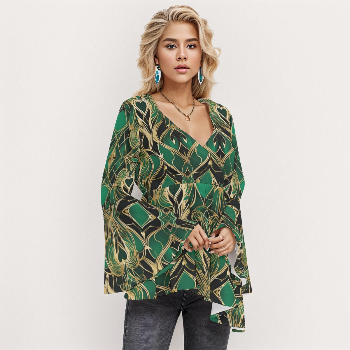 PGP Holiday Eros Époque V-neck Flared Sleeve Blouse – Emerald & Gold Art Deco | Elegant & Chic