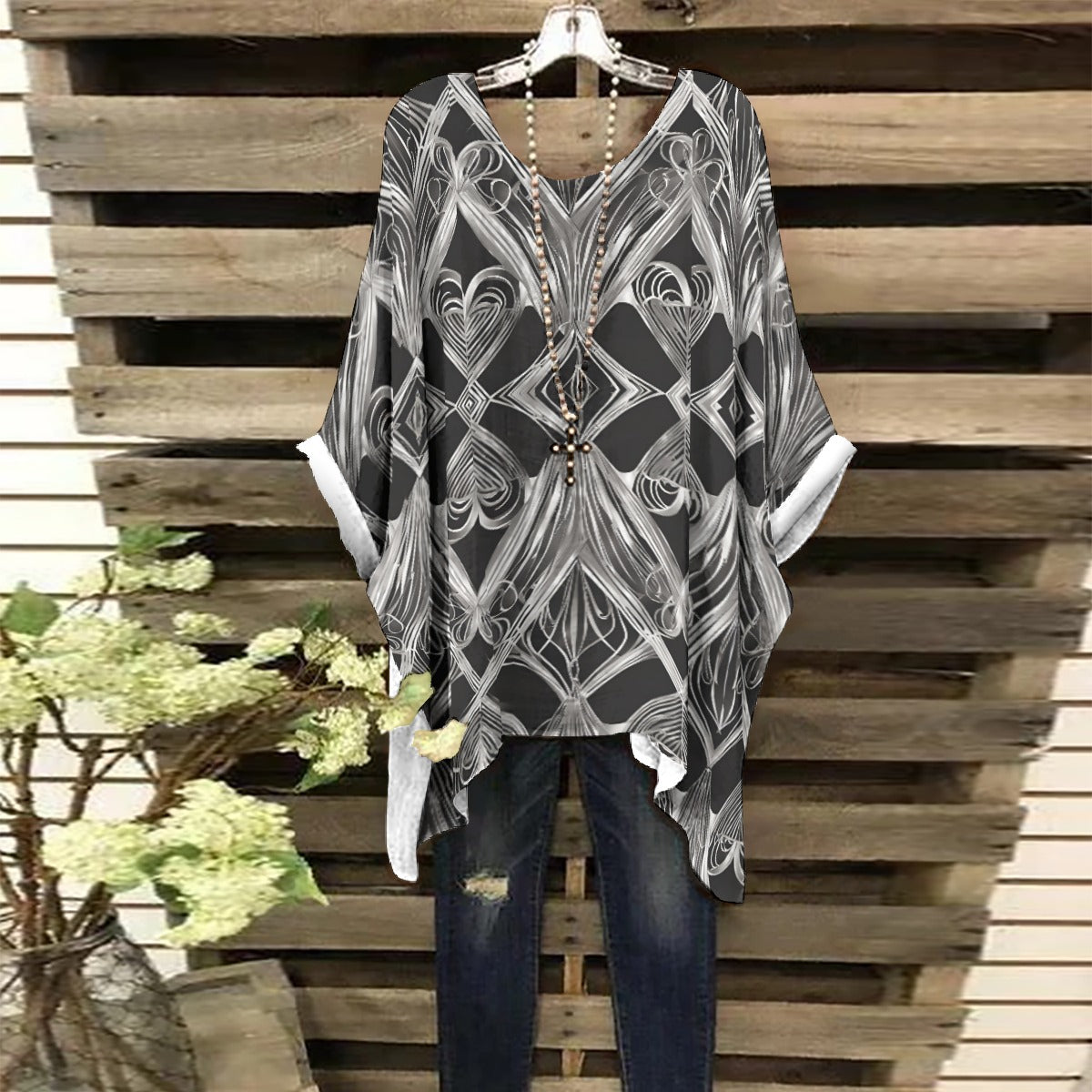 PGP Holiday Eros Époque Shawl Shirt - Silver & Black Art Deco Design