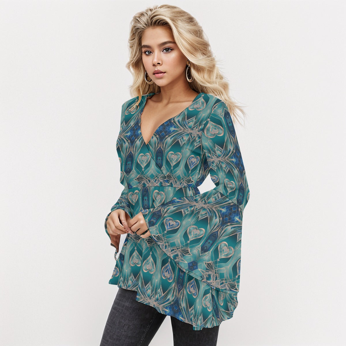 PGP Holiday Eros Époque V-neck Flared Sleeve Blouse – Aqua Teal & Gold Art Deco| Effortless Elegance