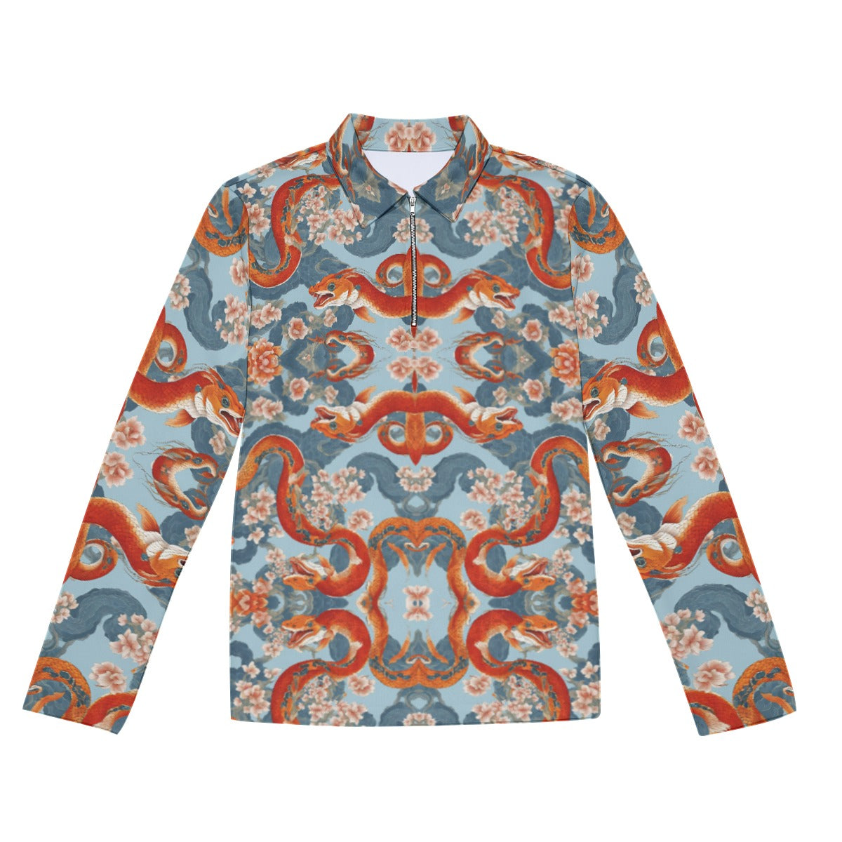 PGP Holiday Men's Lapel T-shirt with Neckline Zipper Closure | Blossom Serpent Orange & Blue | Prosp