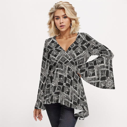PGP Holiday Eros Époque V-neck Flared Sleeve Blouse – Silver & Black Art Deco | Timeless Glamour