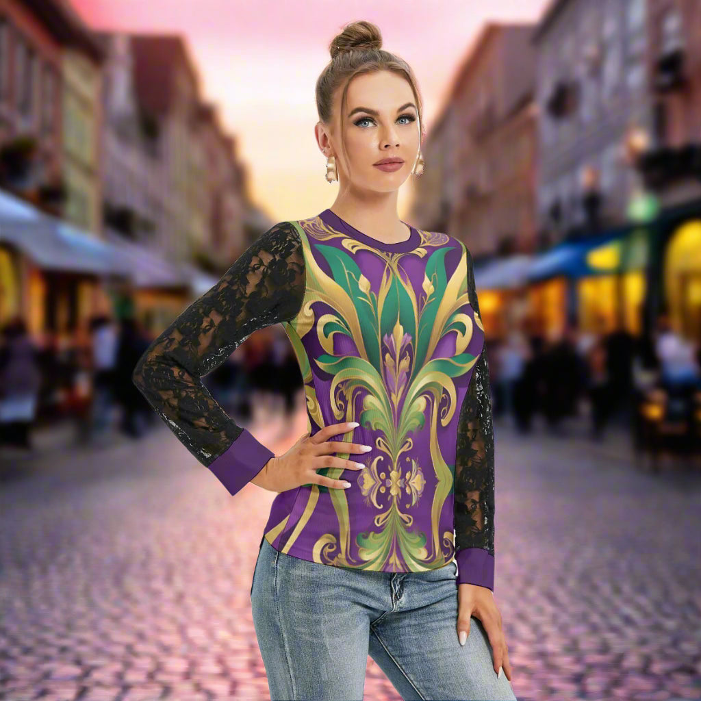 PGP Holiday Mardi Gras Lace Lantern Sleeve Blouse – Elegant, Sexy & Comfortable