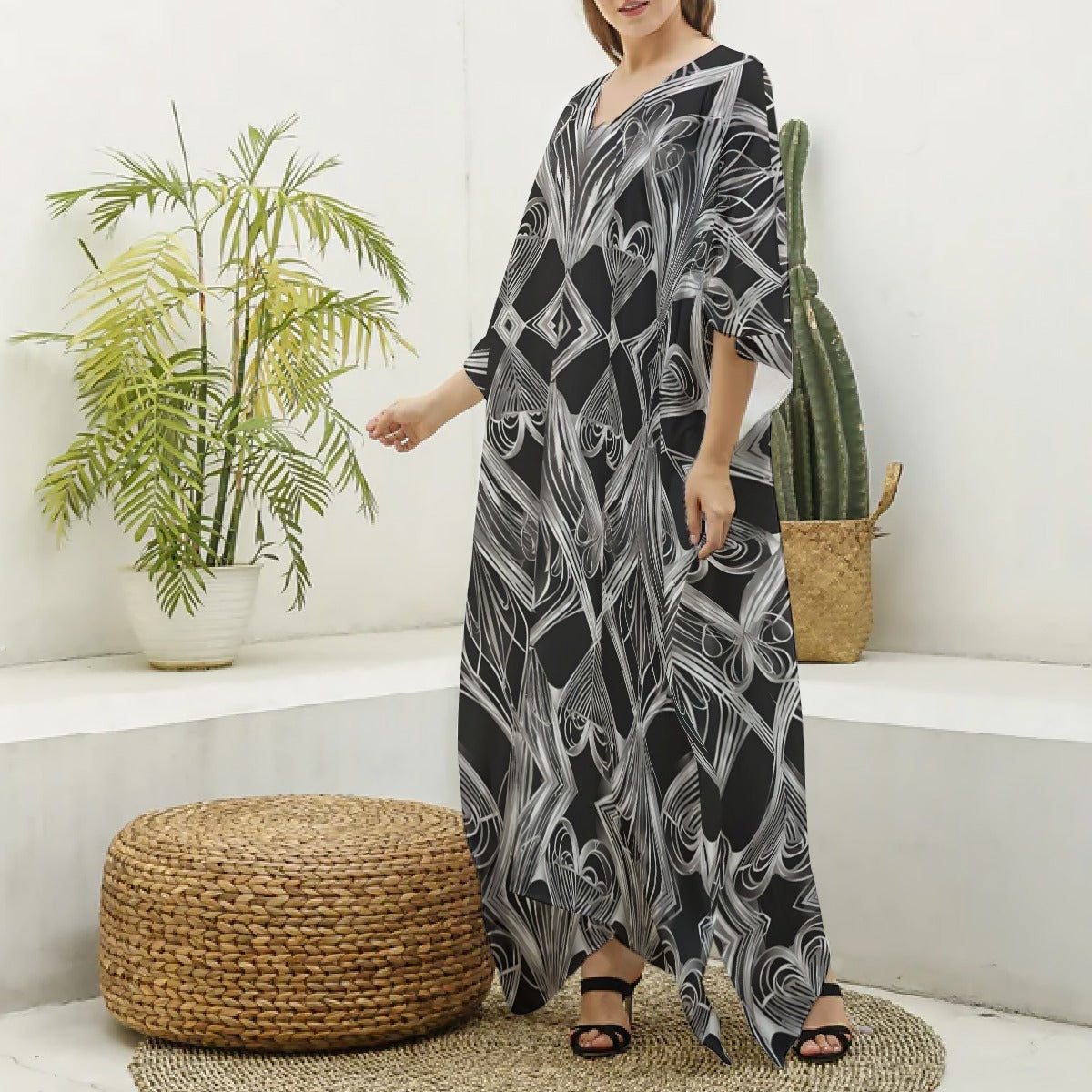 PGP Holiday Eros Époque Silky V-neck Kaftan Robe – Silver & Black Art Deco | Chic Valentine's Look