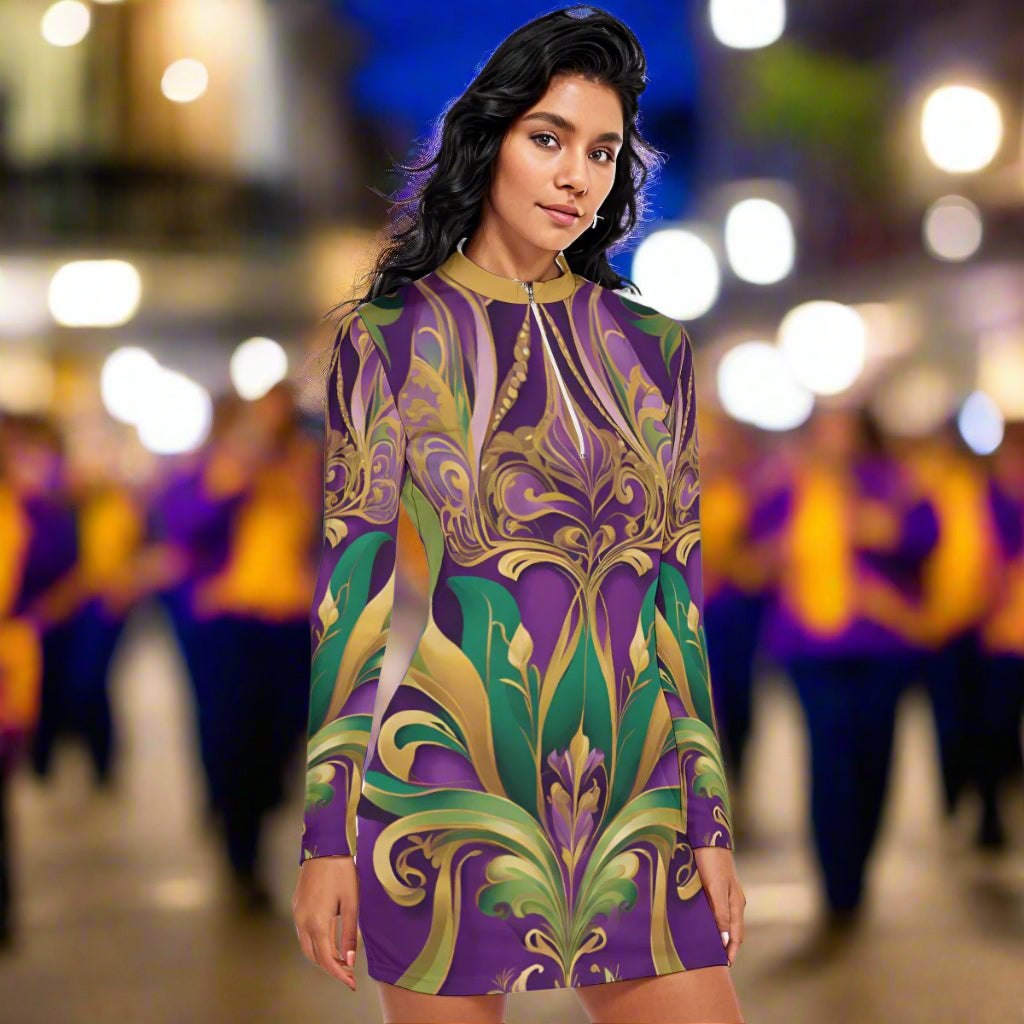 PGP Holiday Mardi Gras Bons Temps Rouler Zip Front Contour Dress – Sexy, Soft & Stretchable
