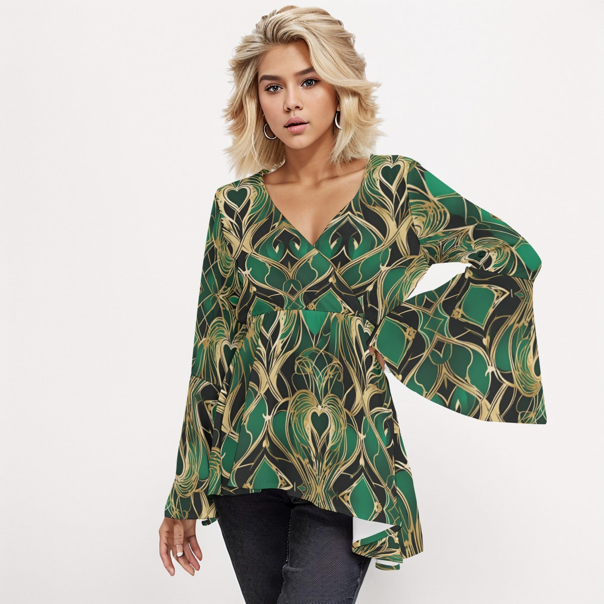 PGP Holiday Eros Époque V-neck Flared Sleeve Blouse – Emerald & Gold Art Deco | Elegant & Chic