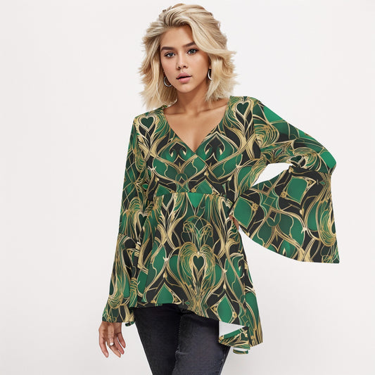 PGP Holiday Eros Époque V-neck Flared Sleeve Blouse – Emerald & Gold Art Deco | Elegant & Chic