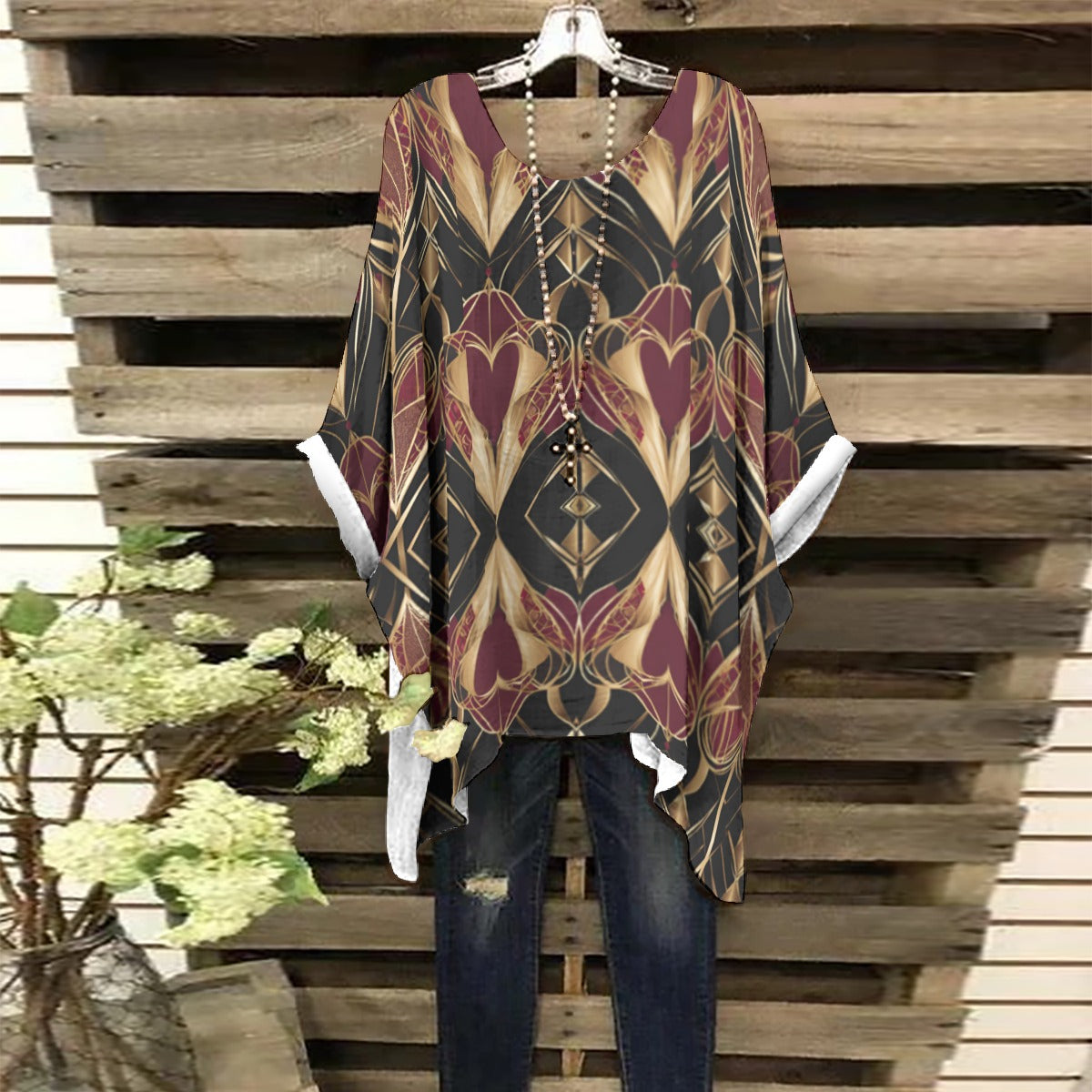 PGP Holiday Eros Époque Shawl Shirt - Crimson & Gold Art Deco Design