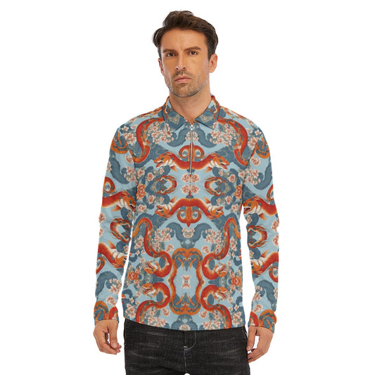 PGP Holiday Men's Lapel T-shirt with Neckline Zipper Closure | Blossom Serpent Orange & Blue | Prosp
