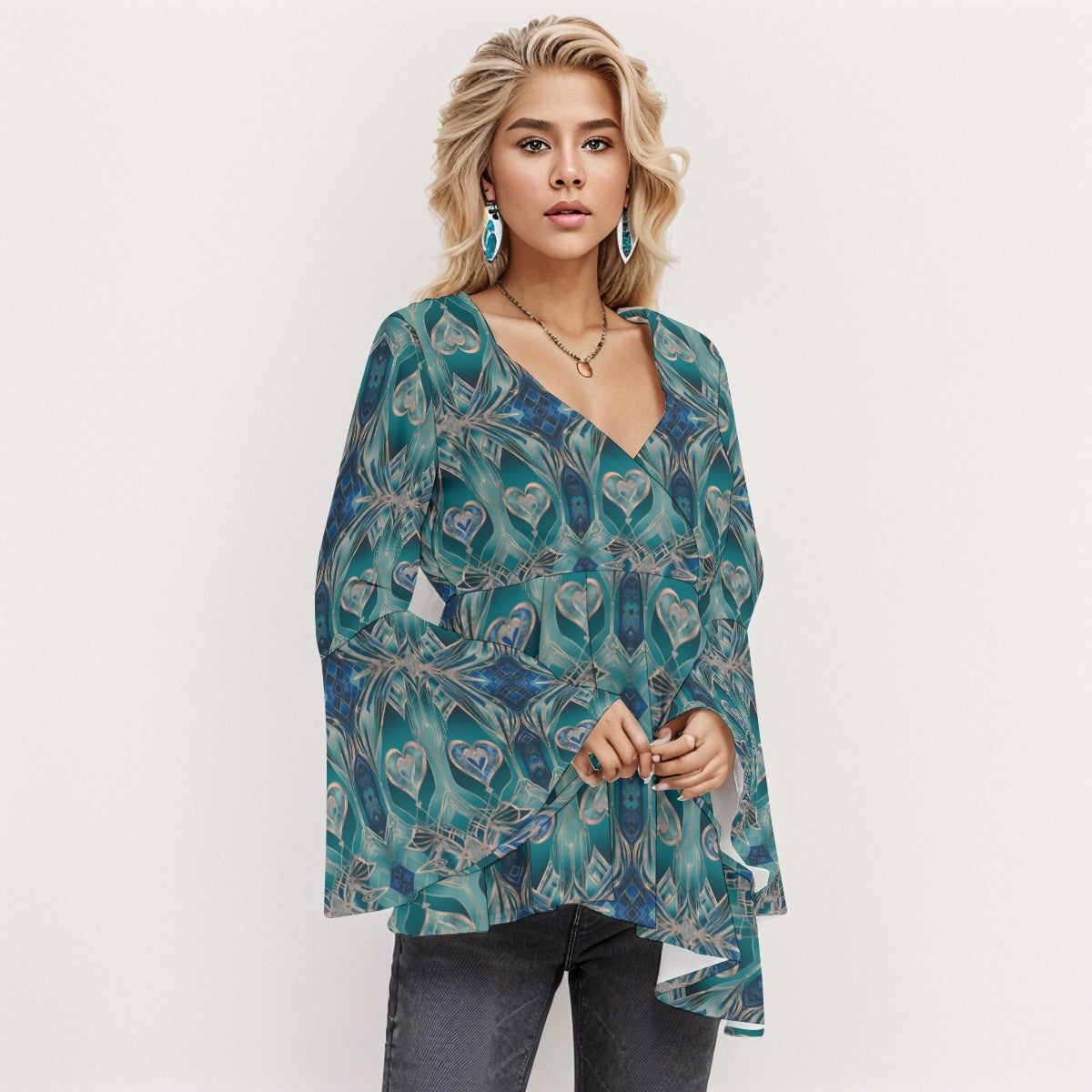 PGP Holiday Eros Époque V-neck Flared Sleeve Blouse – Aqua Teal & Gold Art Deco| Effortless Elegance