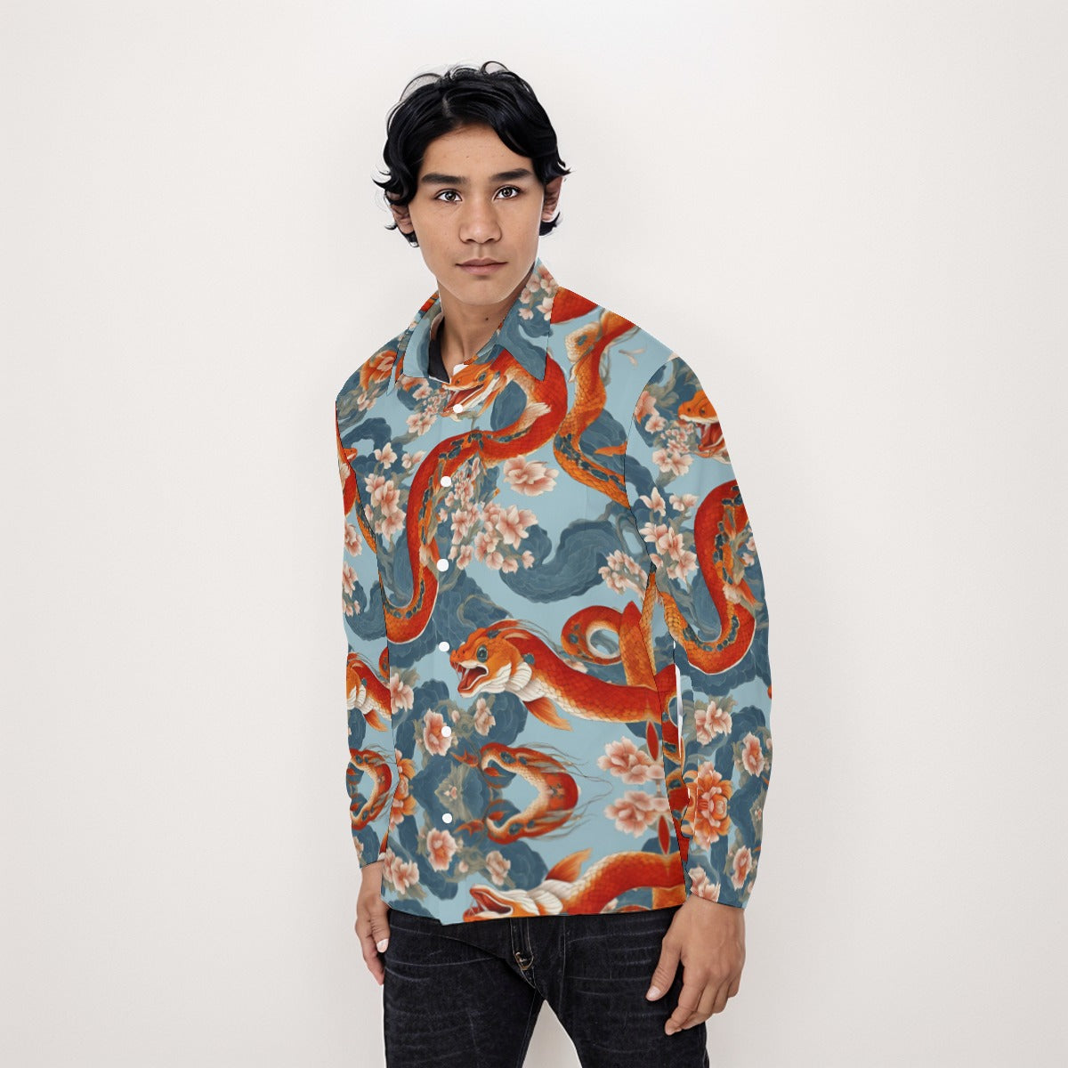 PGP Holiday Men's Long Sleeve Shirt | Blossom Serpent Orange & Blue | Prosperity & Growth