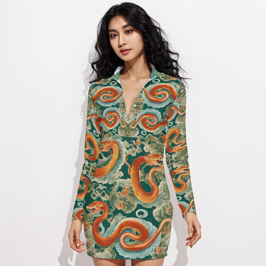 PGP Holiday Women's Zip Front Contour Dress | Jade Fortune Green & Aqua | Health, Wealth & Abundance