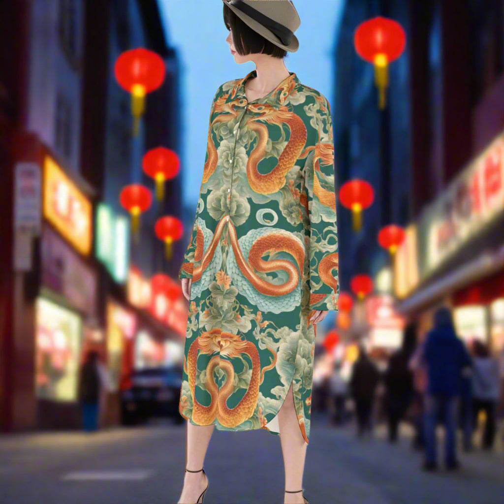 PGP Holiday Women's Rayon Long Shirt Dress | Jade Fortune Green & Aqua | Health, Wealth & Abundance