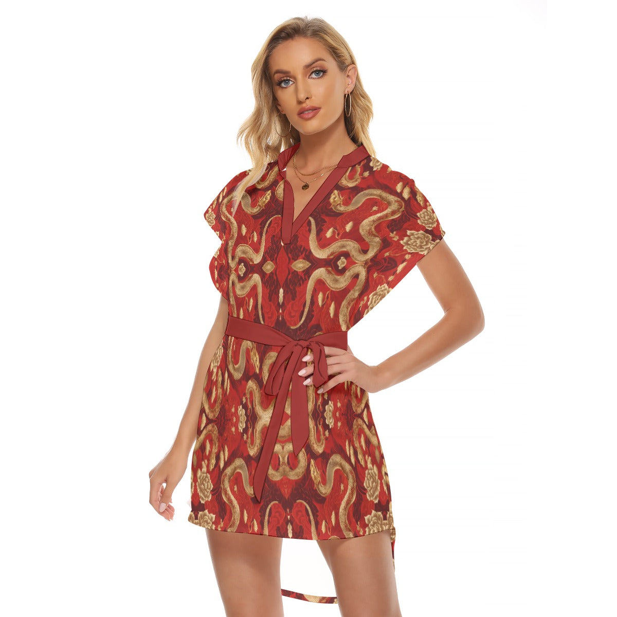 PGP Holiday Golden Serpent Stand-up Collar Casual Dress with Belt | Lunar New Year Chic