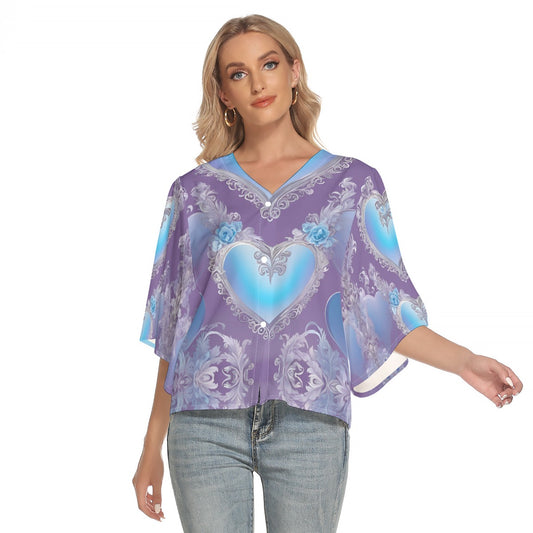 PGP Holiday She Prefers Silver Line - Cloud - Light Muse Sleeve Light V-Neck Front Buttoned Top