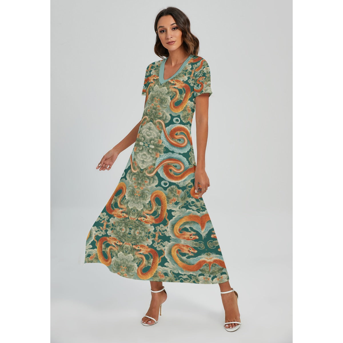 PGP Holiday Women's Rayon Long Shirt Dress | Jade Fortune Green & Aqua | Health, Wealth & Abundance