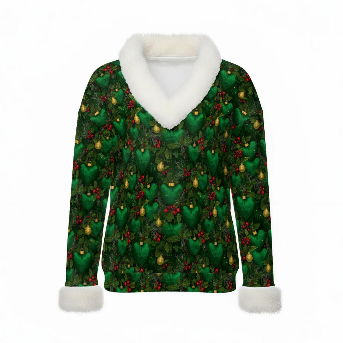 PGP Holiday 2025 Evergreen Heart Faux Knit V-Neck Sweater Top with Fur Trim - Voted # 1