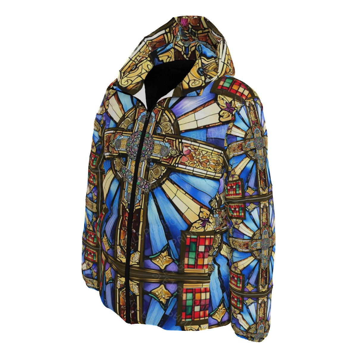 Orthodox Three-Wood Cross Stained Glass Hooded Unisex Down Jacket – Windproof, Warm & Stylish