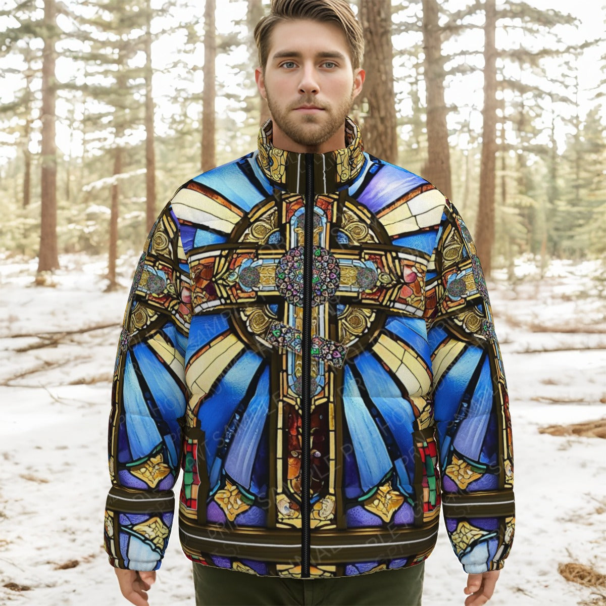 Orthodox Three-Wood Cross Stained Glass Stand-Up Collar Down Jacket – Windproof, Lightweight & Warm
