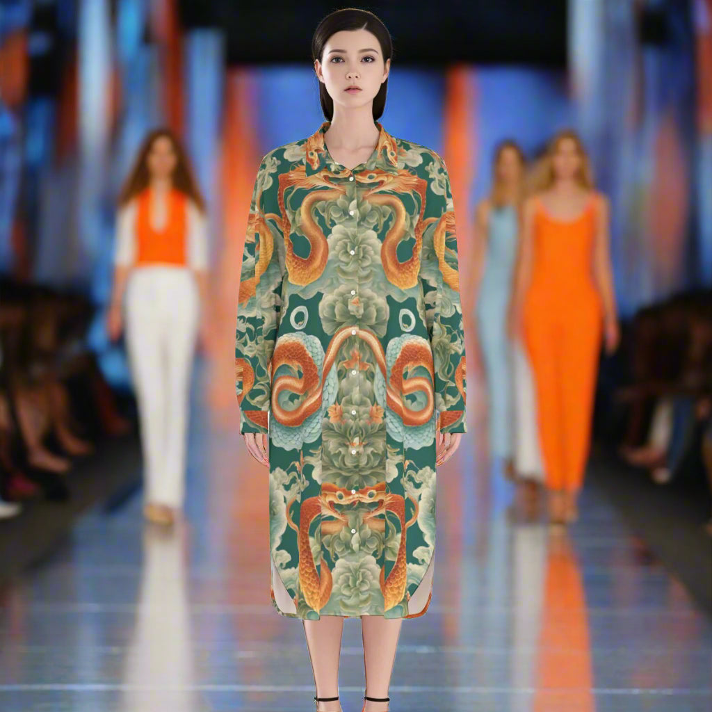 PGP Holiday Women's Rayon Long Shirt Dress | Jade Fortune Green & Aqua | Health, Wealth & Abundance