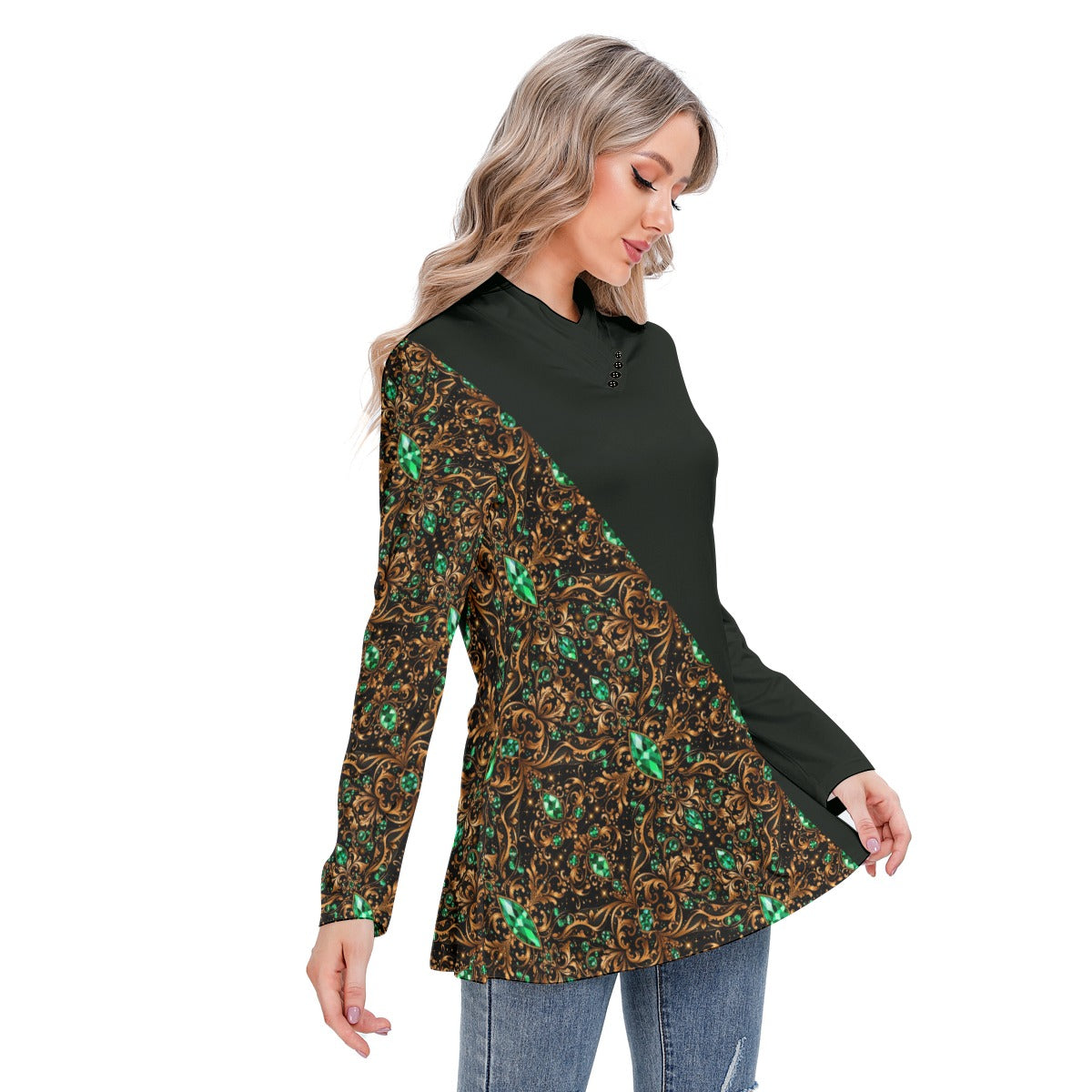 PGP Holiday Growth Long-Sleeve Heap-Neck Tunic Blouse
