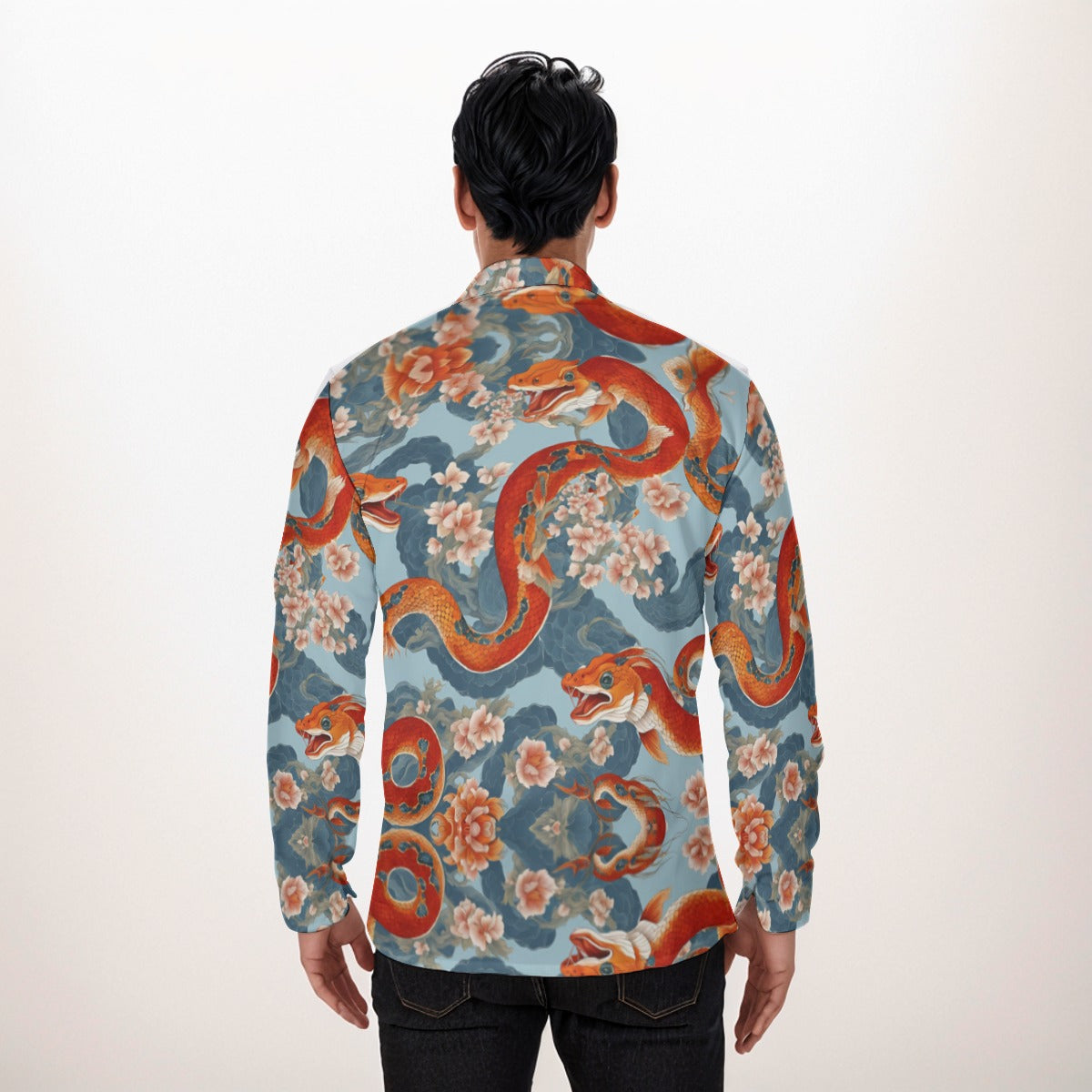 PGP Holiday Men's Long Sleeve Shirt | Blossom Serpent Orange & Blue | Prosperity & Growth