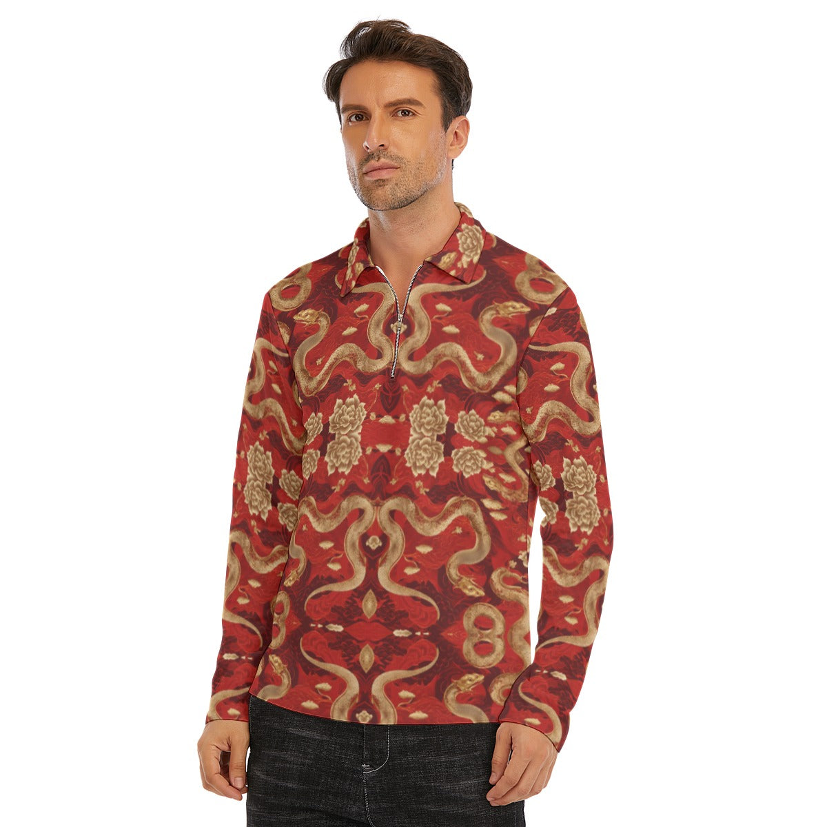 PGP Holiday Golden Serpent Lapel Shirt with Zipper Closure | Lunar New Year Elegance