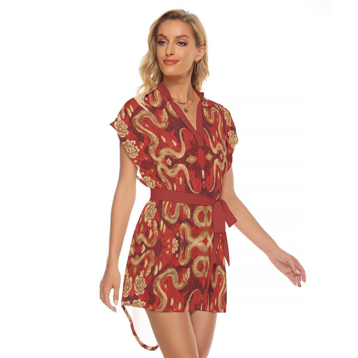 PGP Holiday Golden Serpent Stand-up Collar Casual Dress with Belt | Lunar New Year Chic