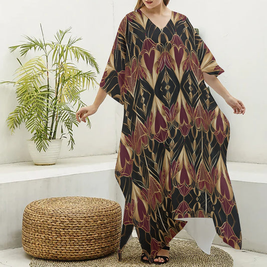 PGP Holiday Eros Époque Silky V-neck Kaftan – Crimson & Gold Art Deco | Valentine's Day Glam